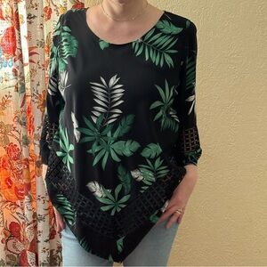 Alfani Black Tunic with Green Leaf Design